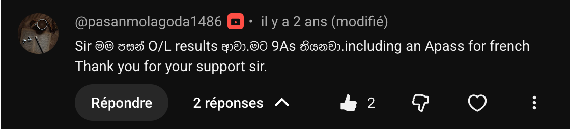 YouTube learner comment